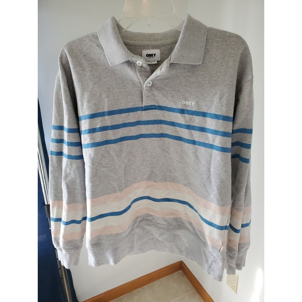 Obey Isso Striped Polo Sweatshirt Size Small‎ Gray